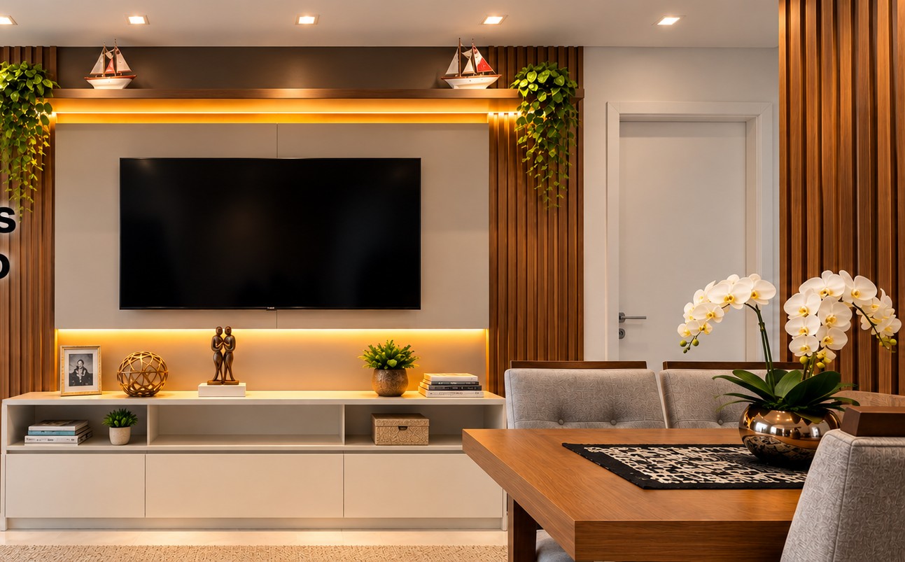 Sala planejada Decora com painel de TV e iluminação